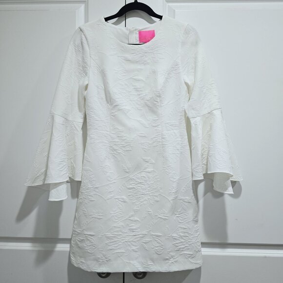 Lilly Pulitzer - 4 - Kayla Stretch Dress Fern Pucker Jacquard Bell Sleeve White - Picture 3 of 9